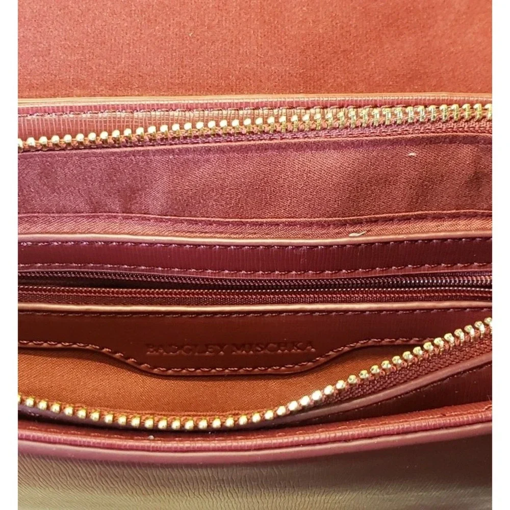 Badgley Mischka Burgundy Saffiano Faux Leather Bow Crossbody Flap Bag Gold Logo